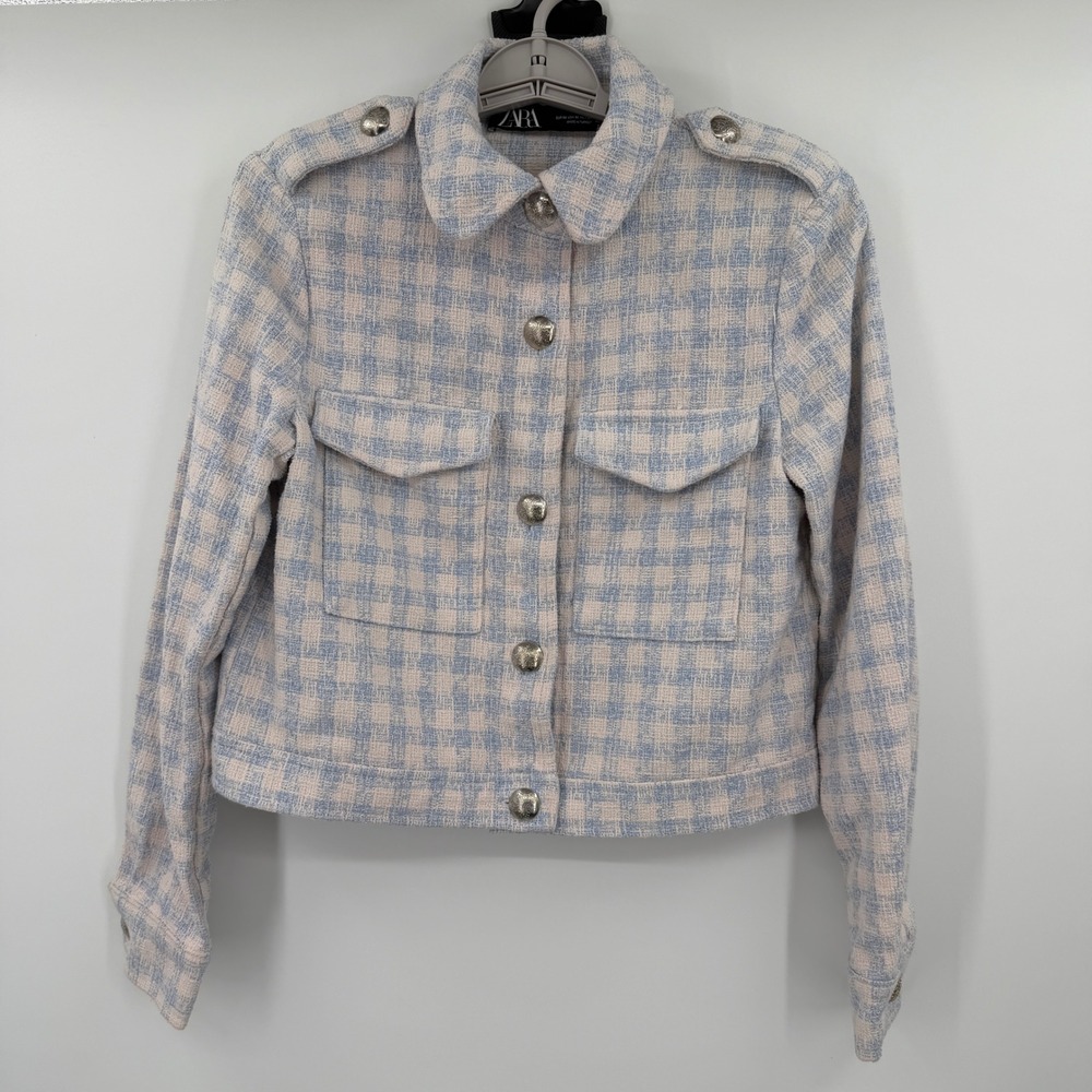Zara Light Blue Cream Gingham Tweed Cropped Jacket Silver Crest Button Medium